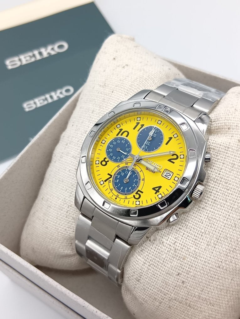 Seiko SND409 Cronografo Giallo e Navy — quadrante giallo con contatori blu (1 di 6)