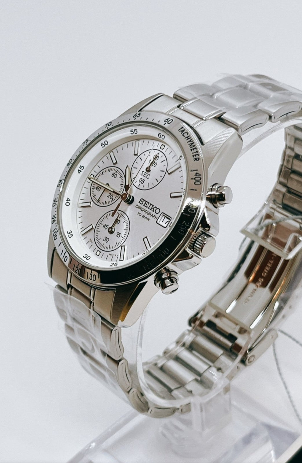 Seiko Spirit SBTQ039 Cronografo Bianco JDM — vista del quadrante e contatori (2 di 6)